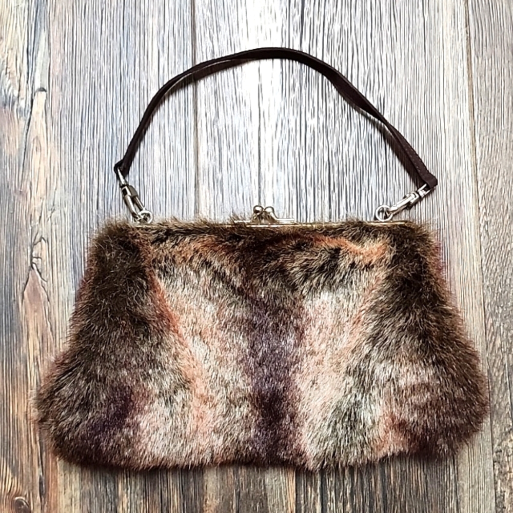 Faux fur small purse, brown & tan, kiss-lock clasp.